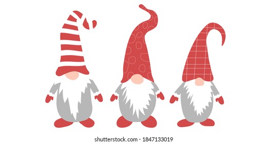 Cute christmas gnomes collection isolated on white background. Vector illustration with gnomes in red hats.