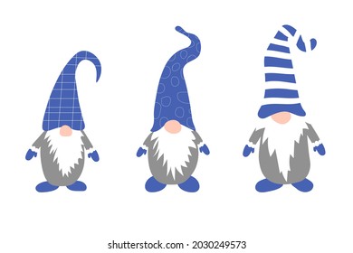 Cute christmas gnomes collection isolated on white background. Vector illustration with gnomes in blue hats.