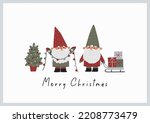 Cute Christmas gnomes with gifts, Christmas tree, house, decor. New Year and Christmas attributes vector flat illustration. Traditional winter holidays.