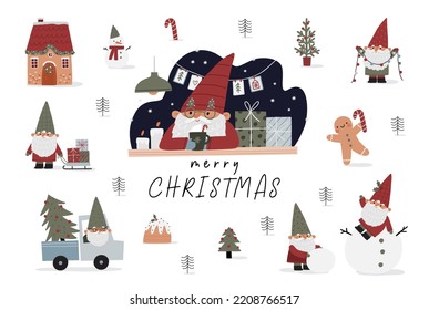 Cute Christmas gnomes with gifts, Christmas tree, house, decor. New Year and Christmas attributes vector flat illustration. Traditional winter holidays.