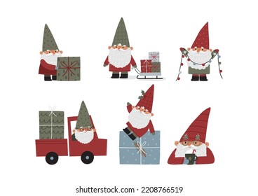 Cute Christmas gnomes with gifts, Christmas tree, house, decor. New Year and Christmas attributes vector flat illustration. Traditional winter holidays.