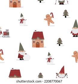Cute Christmas gnomes with gifts, Christmas tree, house, decor. New Year and Christmas attributes vector flat illustration. Traditional winter holidays. Seamless pattern