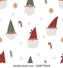 Cute Christmas gnomes with gifts, Christmas tree, house, decor. New Year and Christmas attributes vector flat illustration. Traditional winter holidays. Seamless pattern