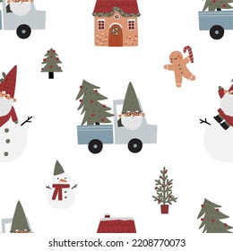 Cute Christmas gnomes with gifts, Christmas tree, house, decor. New Year and Christmas attributes vector flat illustration. Traditional winter holidays. Seamless pattern