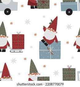 Cute Christmas gnomes with gifts, Christmas tree, house, decor. New Year and Christmas attributes vector flat illustration. Traditional winter holidays. Seamless pattern