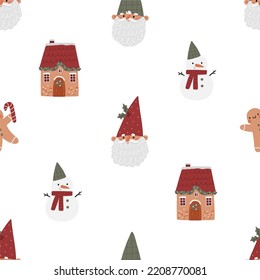 Cute Christmas gnomes with gifts, Christmas tree, house, decor. New Year and Christmas attributes vector flat illustration. Traditional winter holidays. Seamless pattern