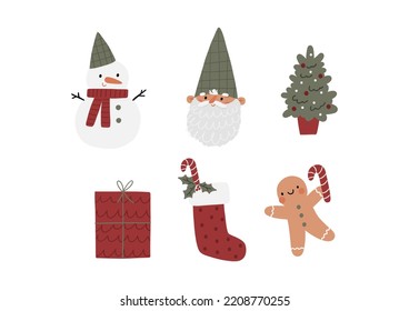 Cute Christmas gnomes with gifts, Christmas tree, house, decor. New Year and Christmas attributes vector flat illustration. Traditional winter holidays. 