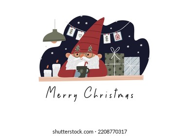 Cute Christmas gnomes with gifts, Christmas tree, house, decor. New Year and Christmas attributes vector flat illustration. Traditional winter holidays.