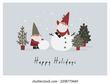 Cute Christmas gnomes with gifts, Christmas tree, house, decor. New Year and Christmas attributes vector flat illustration. Traditional winter holidays.