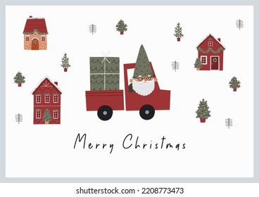 Cute Christmas gnomes with gifts, Christmas tree, house, decor. New Year and Christmas attributes vector flat illustration. Traditional winter holidays.