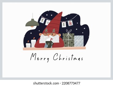 Cute Christmas gnomes with gifts, Christmas tree, house, decor. New Year and Christmas attributes vector flat illustration. Traditional winter holidays.