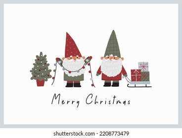 Cute Christmas gnomes with gifts, Christmas tree, house, decor. New Year and Christmas attributes vector flat illustration. Traditional winter holidays.