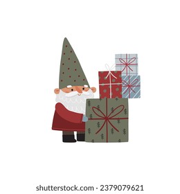 Cute Christmas gnomes with gifts, Christmas tree, house, decor. New Year and Christmas attributes vector flat illustration. Traditional winter holidays.