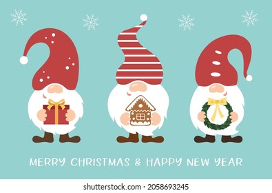 Cute Christmas gnomes hold different things in their hands: gift box, gingerbread house, Christmas wreath. Winter gnomes holiday set. Baby dwarf decor. Isolated on blue background.