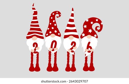 Cute Christmas Gnomes Holding 2026 Numbers in Red Hats for Winter Holiday Design, Seasonal Greeting Template, Kids New Year Party Decoration, Festive Cartoon Character Style. Vector Illustration.