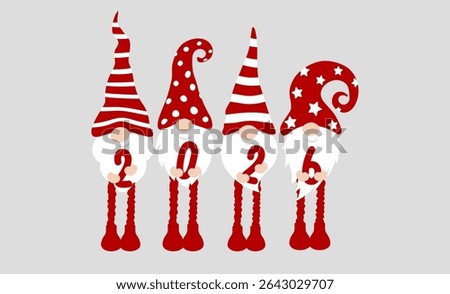 Cute Christmas Gnomes Holding 2026 Numbers in Red Hats for Winter Holiday Design, Seasonal Greeting Template, Kids New Year Party Decoration, Festive Cartoon Character Style. Vector Illustration.