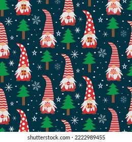  Cute Christmas gnomes holding presents, candy and ornaments with Christmas trees and snowflakes over dark blue background. For Christmas wrapping paper, greeting cards and posters.