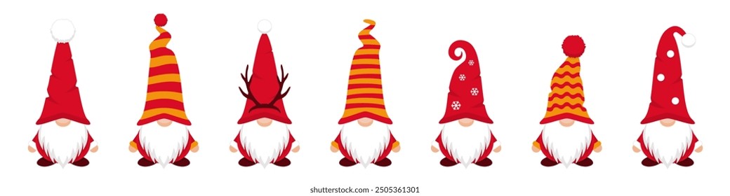 Cute christmas gnomes in long caps. Little santa claus with striped in snowflakes and deer antlers hats covering his eyes with white beard