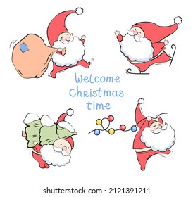 
Cute Christmas gnomes in red suits and hats. Handwritten lettering "welcome christmas time". A set of Santa Clauses: with a Christmas tree, dancing with a garland, with a bag of gifts and skating.