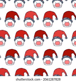 Cute Christmas gnomes in Santa hats on a white background seamless vector pattern. Template for printing paper for gifts and wallpaper.