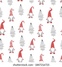 Cute christmas gnomes seamless pattern on white background. Vector illustration with gnomes in red hats and christmas tree. Perfect for textile prints, kids design, decor, wrapping.