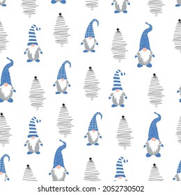 Cute christmas gnomes seamless pattern on color background. Vector illustration with gnomes in  hats and christmas tree. Perfect for textile prints, kids design, decor, wrapping. 