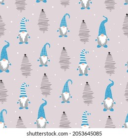 Cute christmas gnomes seamless pattern on color background. Vector illustration with gnomes in  hats and christmas tree. Perfect for textile prints, kids design, decor, wrapping. 