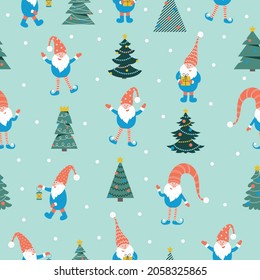 Cute christmas gnomes seamless pattern on green background. Vector illustration with gnomes in red hats and christmas tree. Perfect for textile prints, kids design, decor, wrapping.