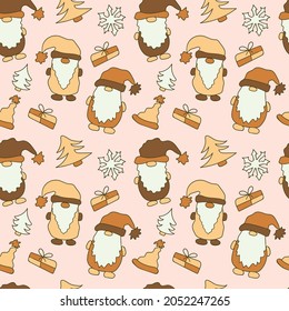 Cute Christmas gnomes. Seamless vector pattern for fabric design, wrapping paper, cards. Pastel Beige colors. Merry christmas and a happy new year!