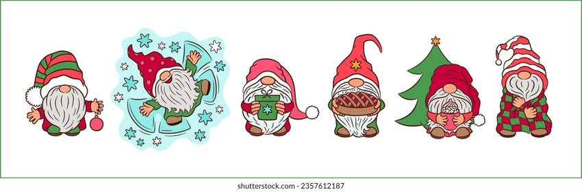 Cute Christmas gnomes set. Adorable scandinavian gnome characters Xmas vector illustration.