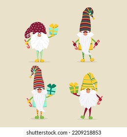 Cute Christmas gnomes. Vector characters in flat style. Set of Christmas gnomes with gifts candies illustration.
