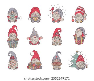 Cute Christmas gnomes vector illustration set. Fun cartoon character Scandinavian gnome winter clipart. Xmas and new year quirky dwarf with hat on face. Big holiday set for greeting card, print, toy.