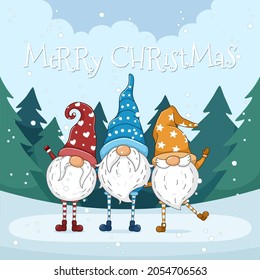 Cute Christmas Gnomes In Winter Forest Background
