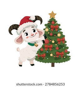 Cute Christmas goat with decorated Christmas tree flat vector illustration isolated on white background, kawaii 2027 year symbol character design