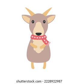cute christmas goat vector icon isolated on white background, farm animal happy goat in red scarf, cartoon character, flat style