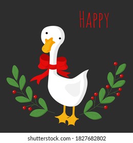 cute Christmas goose with a red bow in a frame of green branches with berries. Greeting card for Christmas on a dark background.