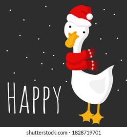 cute Christmas goose in a red scarf and santa hat on a dark gray background with snow and the words "happy". Postcard for Christmas on a dark background