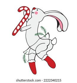 Cute Christmas graphic little rabbit. New Year.  Chinese 2023 year symbol. Year of hare. Cartoon mascot. Smiling adorable character. Cute illustration of wild forest animal