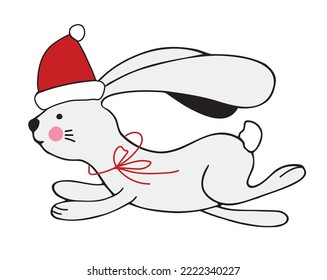 Cute Christmas graphic little rabbit. New Year.  Chinese 2023 year symbol. Year of hare. Cartoon mascot. Smiling adorable character. Cute illustration of wild forest animal