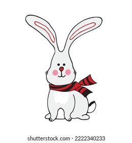 Cute Christmas graphic little rabbit. New Year.  Chinese 2023 year symbol. Year of hare. Cartoon mascot. Smiling adorable character. Cute illustration of wild forest animal