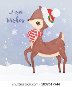 Cute Christmas greeting card with adorable reindeer illustration.