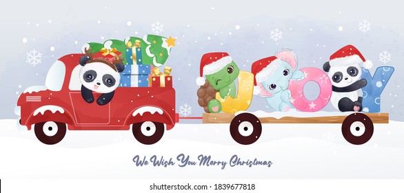 Cute Christmas greeting card with adorable animals playing together illustration.