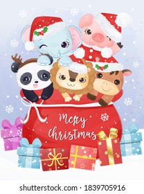 Cute Christmas greeting card with cute animals illustration. Christmas and winter decoration.