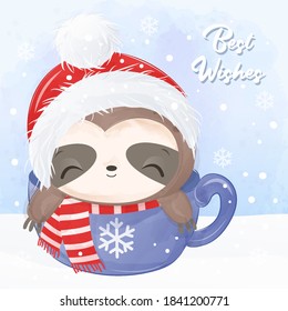 Cute Christmas greeting card with cute animals illustration. Christmas and winter decoration.