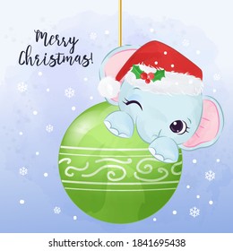 Cute Christmas greeting card with cute animals illustration. Christmas and winter decoration.