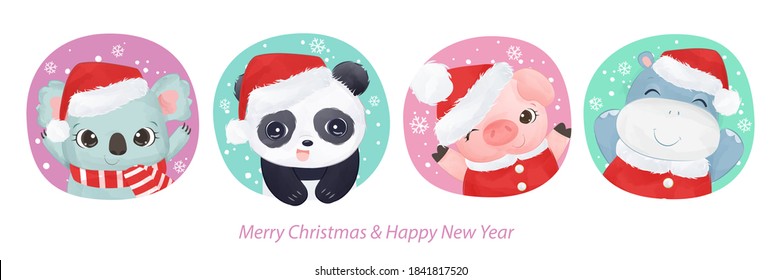 Cute Christmas greeting card with cute animals illustration. Christmas and winter decoration.