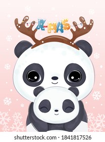 Cute Christmas greeting card with cute animals illustration. Christmas and winter decoration.