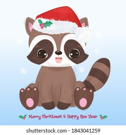 Cute Christmas greeting card with cute animals illustration. Christmas and winter decoration.