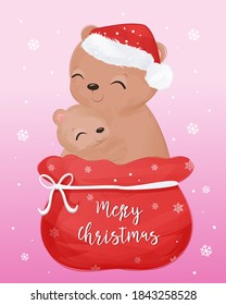 Cute Christmas greeting card with cute animals illustration. Christmas and winter decoration.