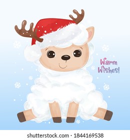 Cute Christmas greeting card with cute animals illustration. Christmas and winter decoration.